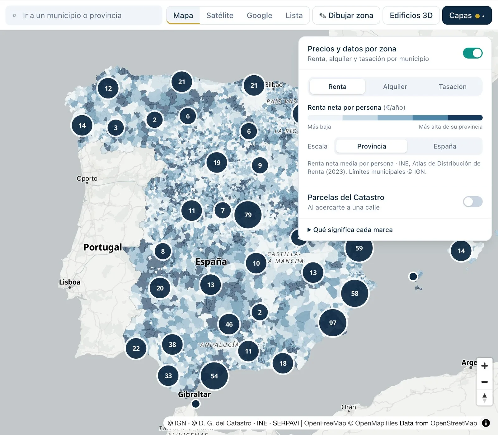 Mapa de España coloreado por la renta de cada municipio
